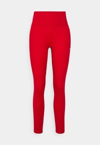 Leggings rossi realizzati in tessuto elasticizzato con vita alta. Texture liscia, forma aderente e senza motivi visibili o dettagli in metallo.