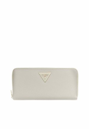 Portafoglio grigio chiaro con zip su tutto il perimetro, superficie strutturata e piccolo logo metallico triangolare Guess al centro davanti.