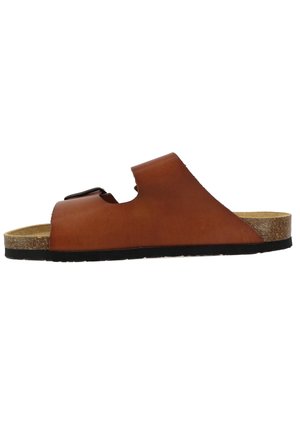 Brown leather slide sandal with a cork footbed and a black rubber outsole. Features an open toe and a sleek, minimalist design.