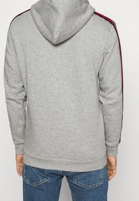 Sweatshirt à capuche gris avec un tissu texturé, arborant des rayures rouges et bleues le long des manches, et un ourlet et des poignets côtelés.