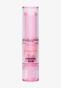 Transparente tube med rosa gelé leppeolje med twist-up applikator. Merket viser "Jelly Lip Oil" og "Hydrating Balm" i gull og svart tekst.