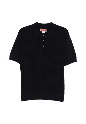 Polo nera a maniche corte con motivo a maglia testurizzata e patta con tre bottoni, con colletto appuntito ed etichetta sul collo.