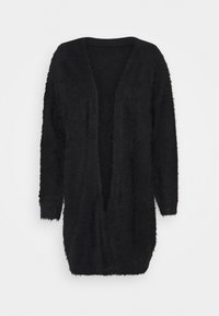 Schwarzer Cardigan mit flauschiger Textur, offenem Vorderteil, langen Ärmeln und lockerer Passform, mit tiefem V-Ausschnitt und gerippten Bündchen.