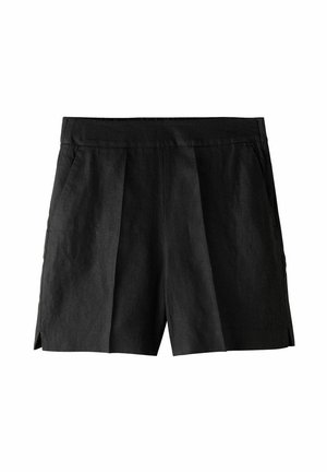 Schwarze Leinen-Shorts mit gefaltetem Vorderteil, Seitentaschen und lockerem Schnitt. Der Stoff hat eine glatte Textur und ein lässiges Design.