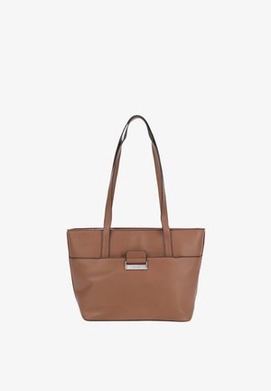 Borsa tote in pelle marrone con due manici, forma rettangolare, finitura testurizzata e accessori in metallo argentato sul davanti.