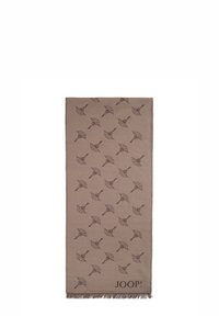 Écharpe marron avec un motif répétitif de feuilles en marron foncé, finie avec des bords à franges, marquée du logo "JOOP!" dans un coin.