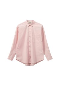 Svijetlo ružičasta košulja s kragnom, izrađena od pamuka, s dugim rukavima, gumbima sprijeda i džepom na prsima. Glatka tekstura, zaobljeni rub.
