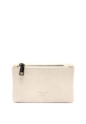 Cream-colored leather zippered pouch with a smooth texture, embossed logo, and black zipper hardware. Compact rectangular shape.