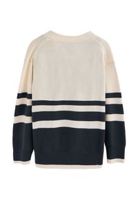 Gestrickter Pullover in Creme mit navyblauen Horizontalstreifen. Mit Rundhalsausschnitt, lockerer Passform und gerippten Bündchen und Saum. Weiche Textur.