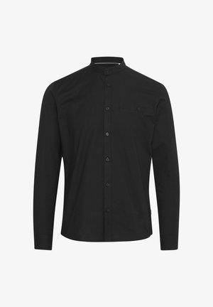 Chemise noire à manches longues avec col mandarin, poche poitrine et fermeture à boutons. Fabriquée en tissu lisse et léger.