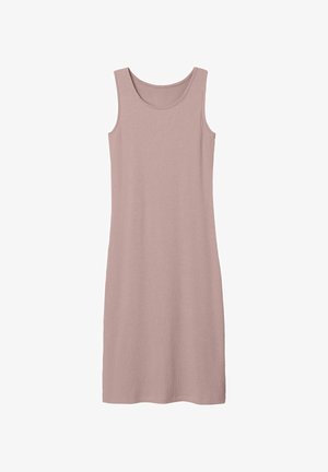 Ribbattad linneklänning i dammig rosa färg, med rund halsringning och figurnära siluett, tillverkad av ett mjukt, stretchigt material.