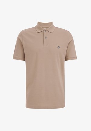 Beżowa bawełniana koszulka polo o teksturowanym wykończeniu, z zapięciem na dwa guziki i czarnym logo ptaka na lewej piersi. Krótkie rękawy.