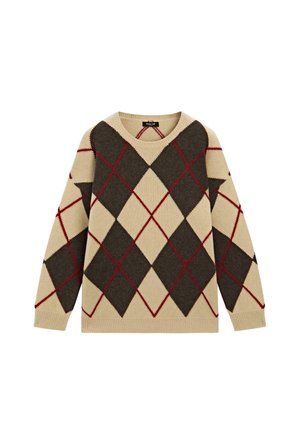 Pull beige avec un motif en losanges brun foncé et rouge. Il a un col rond et des manches longues. Texture douce et tricotée.
