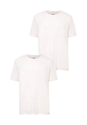 Two white cotton T-shirts with short sleeves, crew neck, and a small logo on the chest. Simple design and smooth texture.