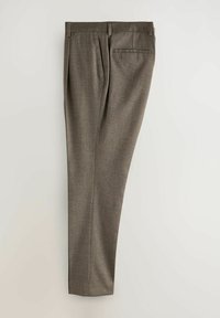 Smeđe houndstooth uzorke hlače s ravnim krojem, koje imaju pojas s petljama za remen i jednu stražnju džep.