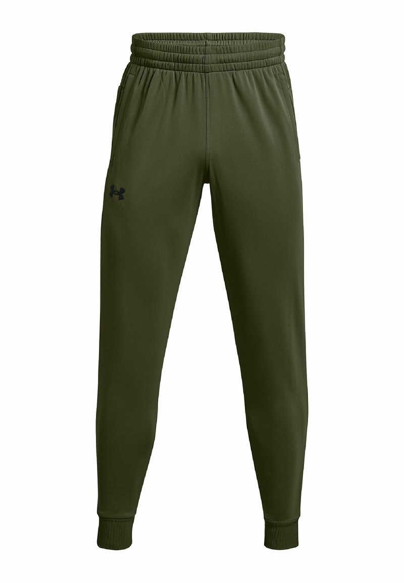 Olivgrüne Sweatpants aus einem weichen Stoff, mit einem elastischen Bund, gerippten Bündchen und einem kleinen schwarzen Logo am linken Bein.