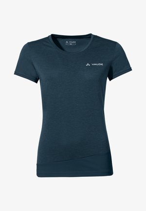 Donkerblauw t-shirt met korte mouwen en een ronde hals, voorzien van een subtiel logo. Gemaakt van een soepele, lichte stof met een gestructureerde afwerking.