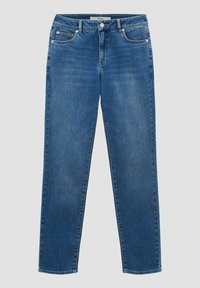 Jean en denim bleu avec une coupe droite, un design à cinq poches et des accents en métal. Comprend une fermeture à bouton et des passants de ceinture à la taille.