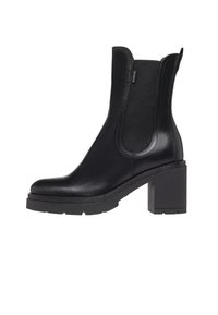 Bottines noires en cuir lisse, avec des panneaux latéraux élastiques, un talon épais et une semelle en caoutchouc texturé.