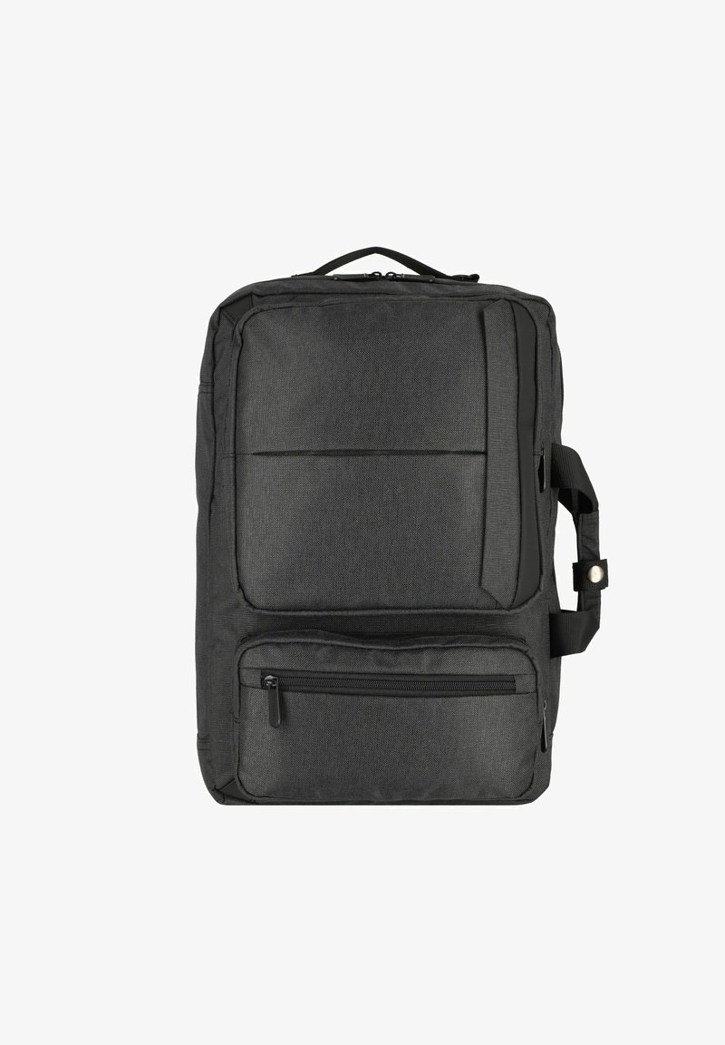 Sac à dos en tissu noir avec plusieurs compartiments zippés, sangle d'épaule réglable et poignée rembourrée pour un transport facile.