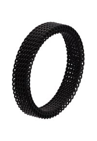 Bracciale elastico nero realizzato con fili intrecciati, caratterizzato da una texture flessibile e liscia e forma arrotondata, adatto a diverse misure di polso.