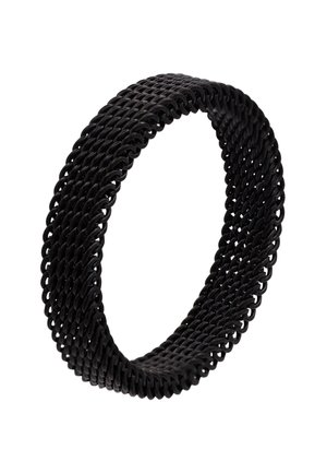 Bracelet élastique noir composé de brins entrelacés, avec une texture souple et lisse et une forme arrondie, adapté à différentes tailles de poignet.