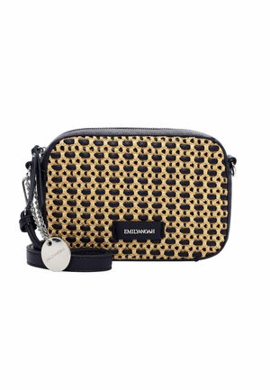 Kleine schwarz-beige gewebte Umhängetasche mit Reißverschluss, schwarzem Lederbesatz, verstellbarem Riemen und silbernem Markenschild mit der Aufschrift EMILY&NOAH.