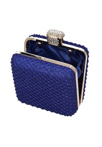 Námořnicky modré psaníčko z texturované látky s přezkou zdobenou diamanty. Zlatý rám, vnitřek vykládaný hladkým saténem. Obdélníkový tvar.