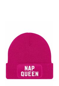 Pink knit beanie with a textured finish. Features a white "NAP QUEEN" patch on a folded cuff. Lightweight and casual design.