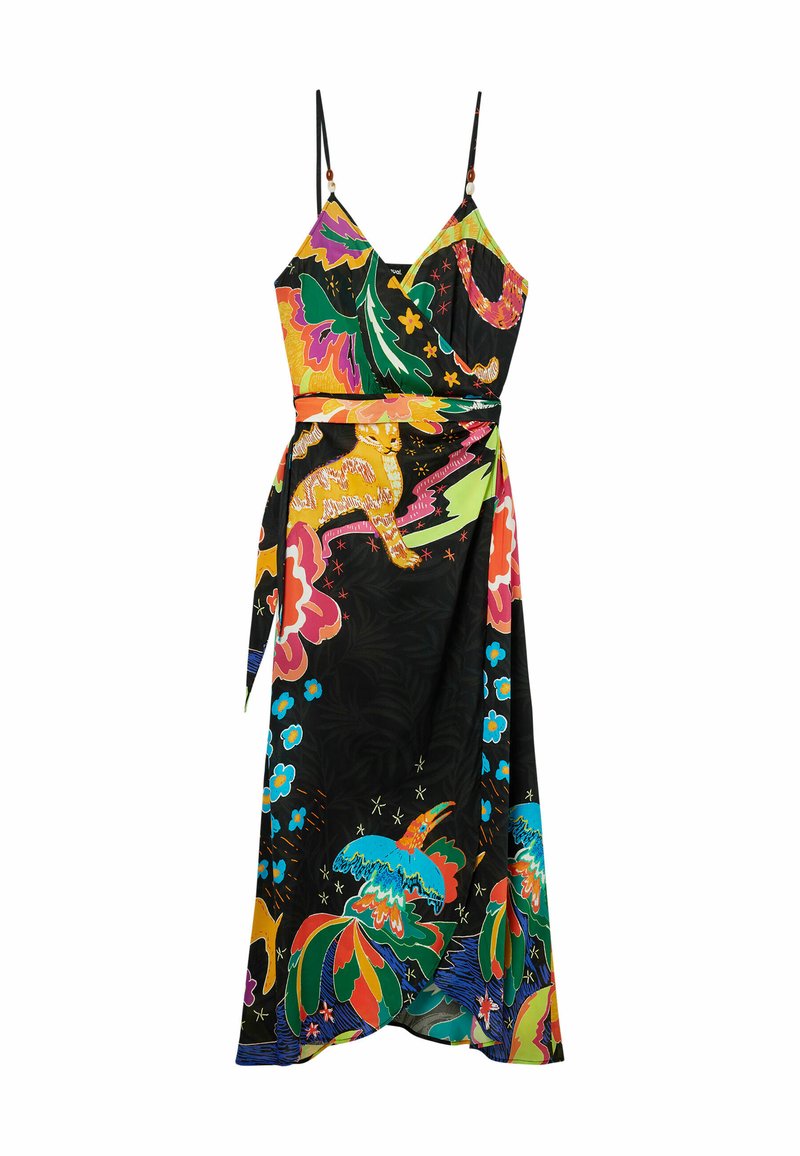 Blumenkleid mit schwarzem Hintergrund, das lebendige Farben wie Rosa, Grün und Blau zeigt. Verstellbare Träger, Taillenkordel und Blumenmuster.