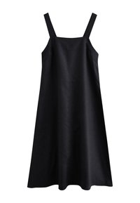 Black sleeveless dress made of a textured fabric, featuring a square neckline, straight straps, and a flared A-line silhouette.