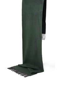 Green wool scarf with a subtle black pattern, featuring long fringed edges and a soft texture. Measures approximately 200cm x 30cm.
