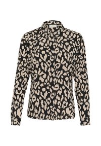 Camicetta a maniche lunghe nera con stampa leopardata beige. Presenta un colletto, una chiusura con bottoni e una texture di tessuto liscia.