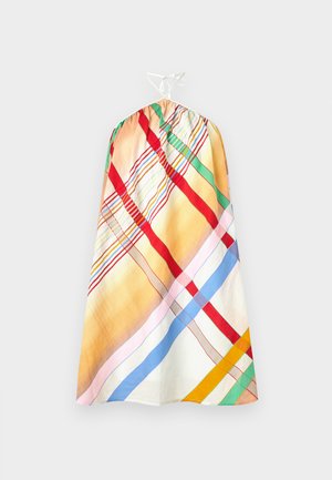 Abito senza maniche multicolore e con motivo, con una parte superiore arricciata e un laccio regolabile bianco. Presenta strisce in rosso, verde, blu e giallo.