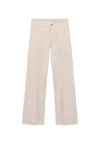 Beige wide-leg pants made from cotton blend, featuring a high waist, two front pockets, and two back pockets, with a smooth texture.