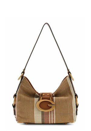 Kleine gewebte Schultertasche mit braun-beigem Streifenmuster, goldfarbener ovale Guess-Logo-Verschluss und schwarzem Riemen mit goldfarbenen Beschlägen.