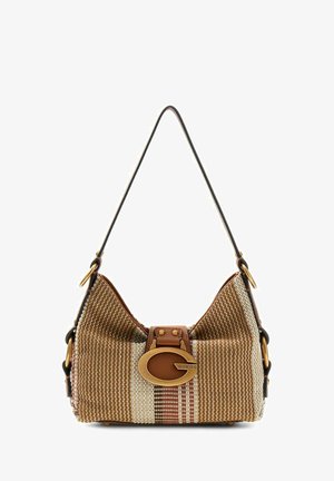 Kleine gewebte Schultertasche mit braun-beigem Streifenmuster, goldfarbener ovale Guess-Logo-Verschluss und schwarzem Riemen mit goldfarbenen Beschlägen.