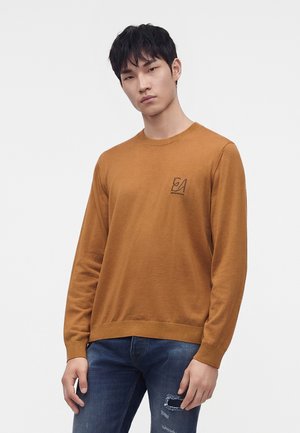 Junger Mann mit kurzen schwarzen Haaren, der einen braunen Pullover mit kleinem Logo und blaue zerrissene Jeans trägt und vor weißem Hintergrund steht.