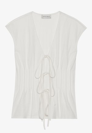 White short-sleeved top with a deep V-neck and front tie detail. The fabric has a smooth texture with vertical pleating accents.