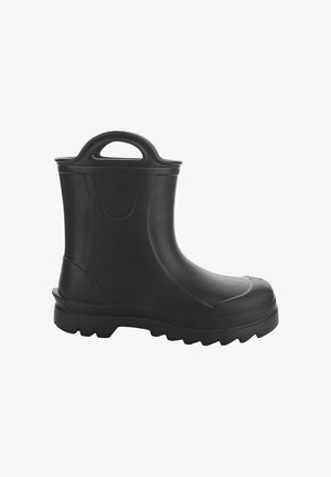 Czarne gumowe botki za kostkę o teksturowanej powierzchni, zaokrąglonym nosku i grubej, żłobionej podeszwie. Posiadają górny uchwyt ułatwiający zakładanie i zdejmowanie.