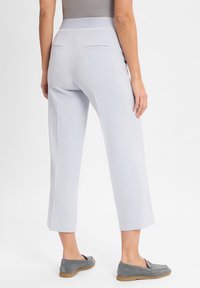 Lichtgrijze, rekbare cropped broeken met een soepele textuur, voorzien van twee achterzakken en een brede tailleband, gecombineerd met grijze instappers.