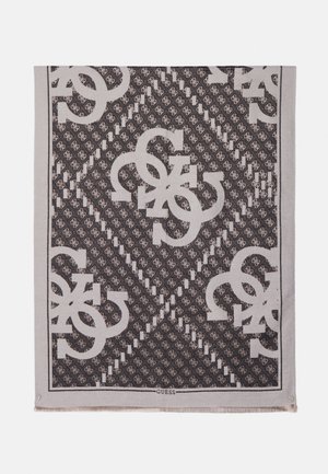 Écharpe rectangulaire noire et beige à motifs, avec de grandes lettres entrelacées G et S et un petit logo répétitif, bordures à franges et texte « GUESS ».