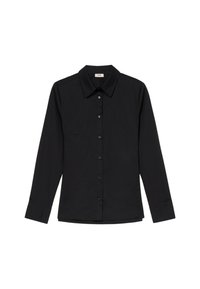 Black long-sleeve shirt made of lightweight fabric, featuring a collared neckline, front button closure, and two chest pockets.