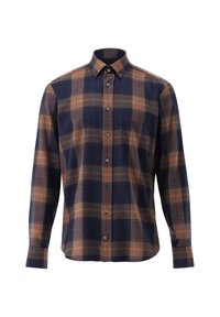 Navy und orange karierte Hemd mit langen Ärmeln, Knopfkragen und Brusttasche; hat eine glatte, baumwollähnliche Textur.