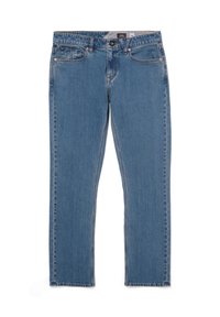 Vaqueros de denim azul claro con corte recto, cinco bolsillos, pasadores para cinturón y cierre de botón. Presentan costuras sutiles y un acabado limpio.