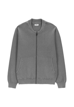 Szary dziergany kardigan na zamek, z prążkowanym kołnierzem, mankietami, dołem i dwoma przednimi kieszeniami.