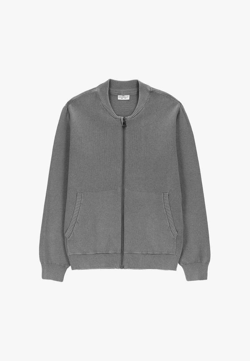 Szary dziergany kardigan na zamek, z prążkowanym kołnierzem, mankietami, dołem i dwoma przednimi kieszeniami.