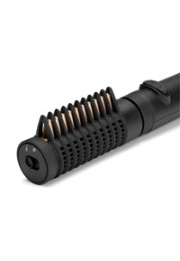 Spazzola arricciacapelli elettrica portatile nera con setole curve, piastre riscaldate dorate e pulsanti di controllo sul manico.