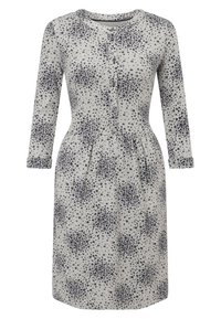 Szara sukienka z okrągłym dekoltem, długimi rękawami i zapinana na guziki, ozdobiona granatowym wzorem w gwiazdy oraz marszczoną talią.