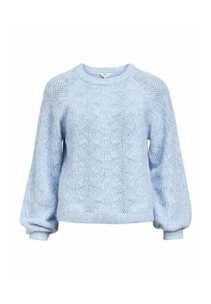 Pull en tricot bleu clair avec un motif texturé, des manches raglan et un ourlet côtelé. Dispose d'un col rond et d'une coupe ample.